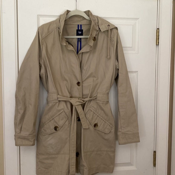 Gap Khaki Trench Coat Large Removable Hood 100% Cotton Preppy - Picture 9 of 15